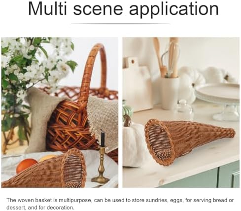 jojofuny Fall Cornucopia Basket: Thanksgiving Horn of Plenty for Harvest Autumn Table Decoration - Hand-woven Rattan Horn Basket for Christmas Table Centerpieces