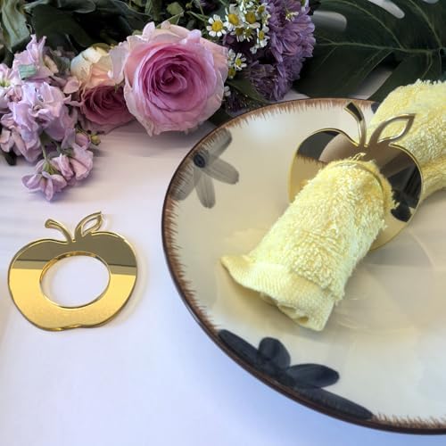 Set of 10 Rosh Hashanah Acrylic Mirrored Apple Napkin Rings - Elegant Fruit Style Decorative Holders for Jewish New Year Celebrations (Gold Mirror, Jewish)