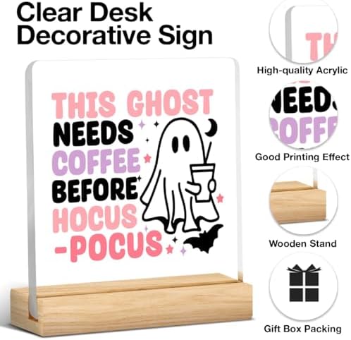 Cute Hocus Pocus Sign Halloween Coffee Bar Decor Ghost Acrylic Sign Decorations for Home Office Desk Kitchen Coffee Station Table Desk Decor Gifts for Halloween Women