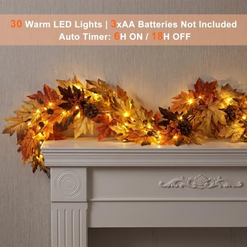 6FT Fall Garland with 30 Warm Lights & Timer & Gradient Maple Leaves