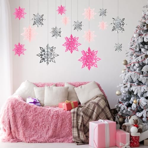 Whaline 18 Pcs Christmas Hanging Decorations 3D Pink Silver Snowflake Hanging Ornaments with String Glittery Large Snowflake Pendant Garlands for Xmas Winter Wonderland Party Home Ceiling Decor