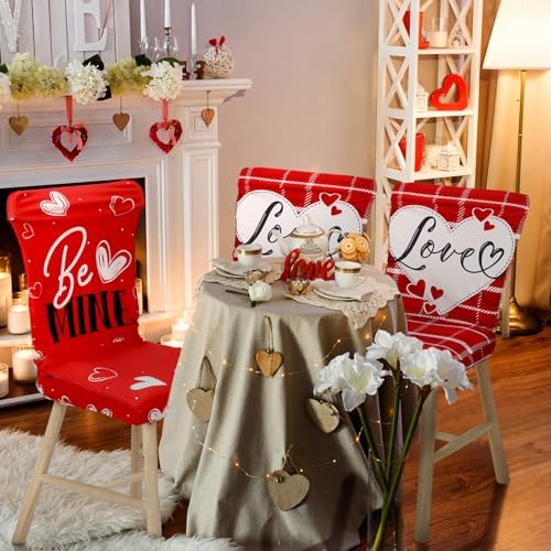 Preboun Valentine's Day Chair Covers Set of 6 Valentines Dining Protector Stretch Red Heart Removable Washable Valentine Be Mine Slipcovers for Dining Hotel Party Wedding
