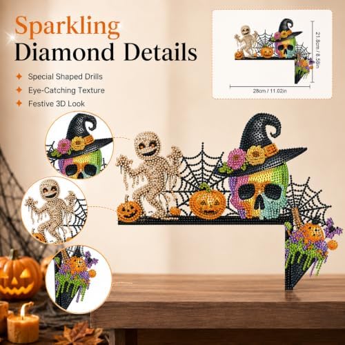 DIY Halloween Witch Pumpkin Diamond Art Wooden Door Corner Decoration, Halloween Frame Sign Kit, Creative Wall Art Mosaic Frame Sign for Home Decor & Gifts