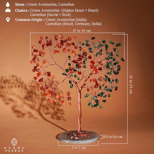 Handmade Healing Crystal Tree of Life Green Avneturine and Carnelian Chakra Tree for Money, Good Luck, Feng Shui Home