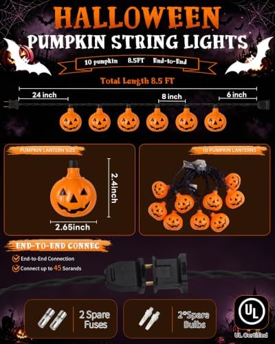 8.5FT Halloween Orange Pumpkin String Lights, Plug-In 10 LED Pumpkins Decor