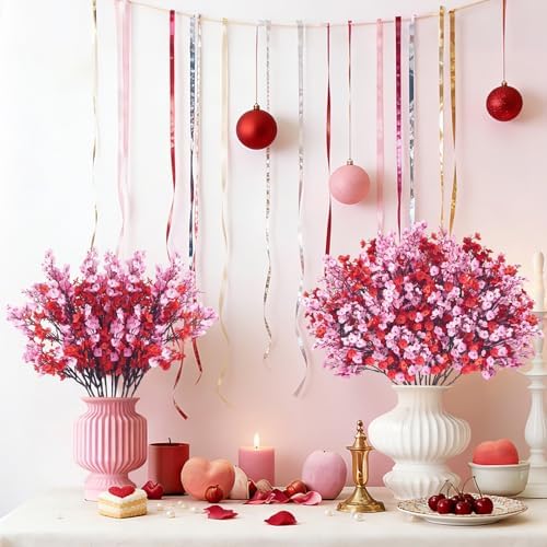 Uieke 12 Pcs Valentine’s Day Artificial Baby’s Breath Flowers, Red Pink Faux Gypsophila Bouquets Real Touch Silk Fake Flowers for Romantic Wedding, Anniversary, Party, Home Table Centerpiece Décor