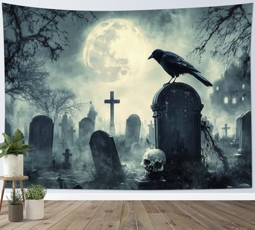 HVEST Halloween Tapestry Wall Hanging Horror Tombstone and Scary Skull in Cemetery Wall Art Spooky Dead Tree and Crow under Full Moon Tapestry for Bedroom Living Room Dorm Wall Decor, 51L X 59W inches