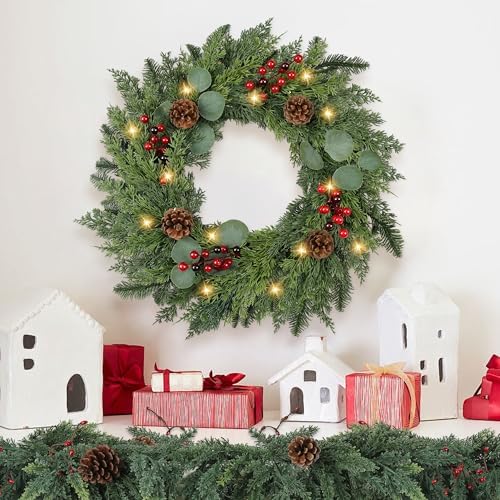Christmas Wreath with Lights 24 Inch Real Touch Pine Wreath with Red Berries/Pine Cone Prelit Christmas Wreaths for Front Door Outdoor Christmas Decorations Winter Wreath for Windows Indoor Holiday