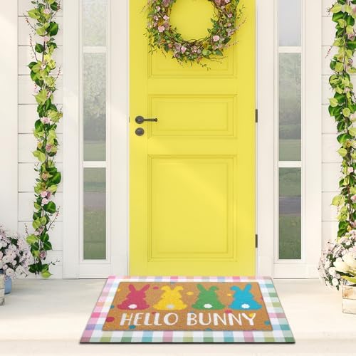 Tinideya 2 Pcs Hello Bunny Easter Layered Mat for Front Door