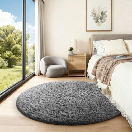 Ophanie Round Rug 4Ft Grey Circle Area Rugs, Fluffy Fuzzy Small Bedroom Carpet 4 Foot, Plush Shag Floor Gray Living