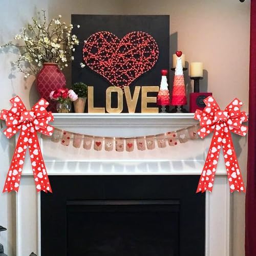 TONIFUL Valentine Tree Topper Bow with Heart Red Valentines Burlap Wreath Bow for Front Door Home Decor Wedding Anniversary Proposal Party Decor(11" x 20"