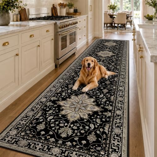 RELEANY Washable Area Rug, Runner 3'x12', Black/Neutral
