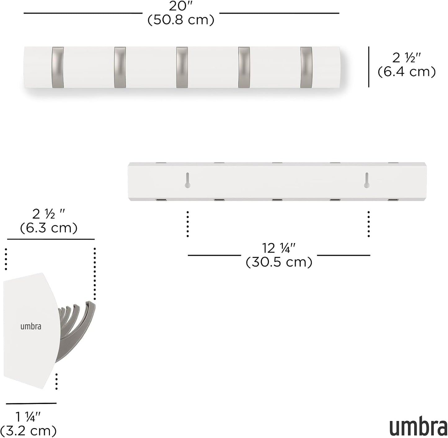 5 Hooks / Flip Wall-Mounted Coat Rack / White/nickel / 5-hook