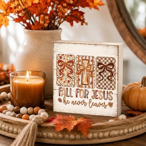 Fall For Jesus He Never Leaves Sign | Christian Triptych Bow Decor