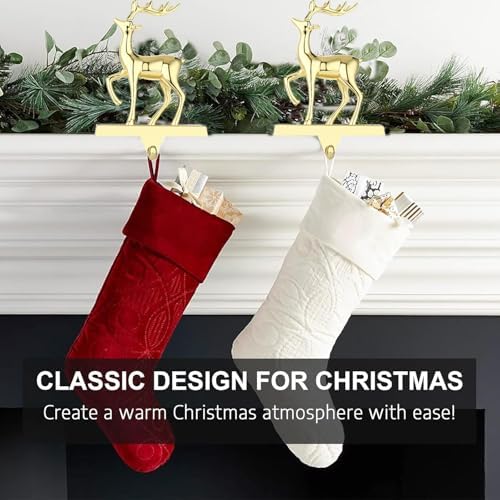 Deer Christmas Stocking Hanger for Mantel，Reindeer Christmas Stocking Holder for Fireplace Mantel Hooks Hanger for Christmas Deer Stockings Clip for Christmas Decoration (Gold Deer)