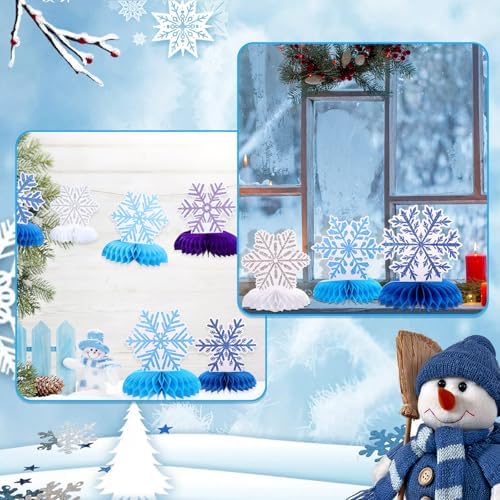 12 PCS Snowflake Honeycomb Centerpieces for Tables Frozen Birthday Party Decorations Snowflake Table Centerpieces Winter Wonderland Party Decorations for Christmas Holiday Baby Shower Supplies