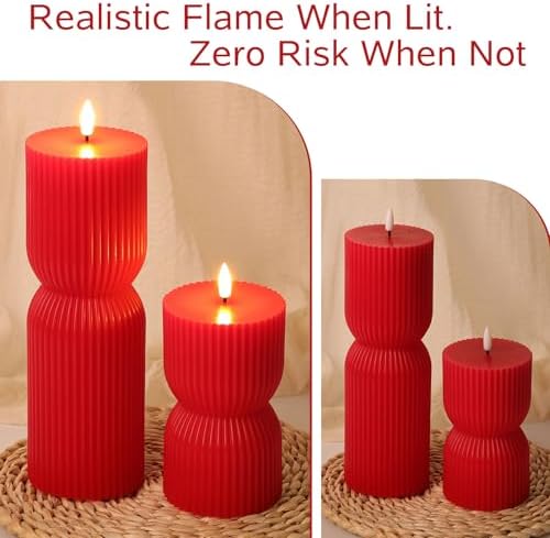 Red Ribbed Flameless Pillar Candles with Remote Set of 2