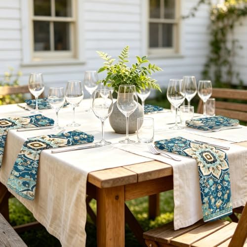 Teal Boho Floral Print Dinner Cloth Napkins Set of 4, 18 x 18 Inch Washable Reusable Fabric Napkins, Gifts for Bohemian Style Lovers, Wedding Bridal Shower Dinner Party Table Decor
