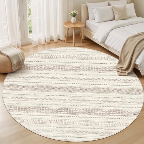 Nakagishi Round Rug Boho Area Rugs: 5x5 Washable Large Circle Neutral Soft Stain Resistant Non-Slip Carpet for Women