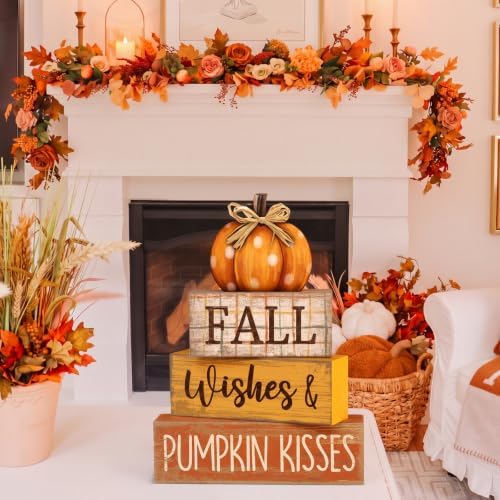 Moucuny 4 Pcs Fall Pumpkin Decor Fall Decorations for Home Wooden Pumpkin Decor Thanksgiving Table Centerpiece Rustic