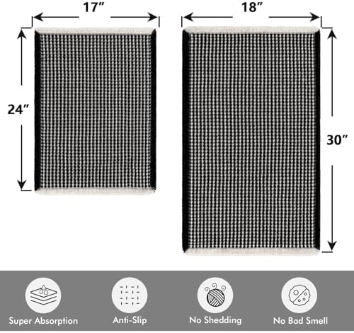 MIULEE Set of 2 Waffle Bathroom Rugs Black&Cream Bath Mat 17"x24"+18"x30"