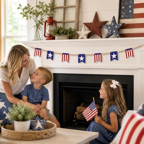 Felt Red White Blue Wood Bead Garland Banner for Mantel Fireplace