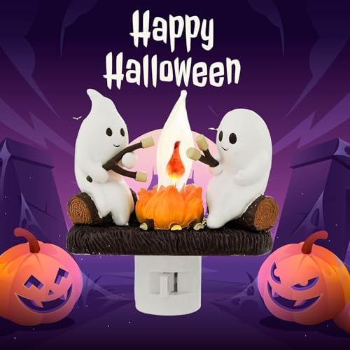 Halloween Ghost Campfire Night Light,Plug-in Wall Flickering Flame Nightlight,3D Cute Spooky Marshmallow Ghost Decoration for Bedroom,Spooky Season Home Halloween Decor for Kids Adults (Purple)