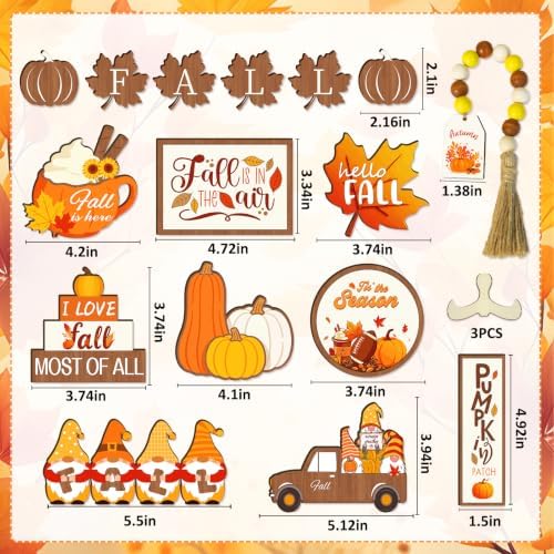 19pcs Fall Tiered Tray Decor- Fall Decorations Indoor Wooden Fall Decor Set with Wood Bead Pumpkin Gnome Truck Tabletop Centerpieces for Autumn Harvest Home Kitchen Table