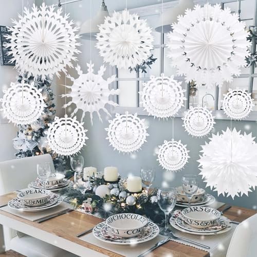 BestoFun 12 PCS White Paper Snowflake Decorations Frozen Birthday Party Supplies Winter Wonderland Party Decorations Christmas Large Snowflake Decorations Hanging Snowflake Decorations