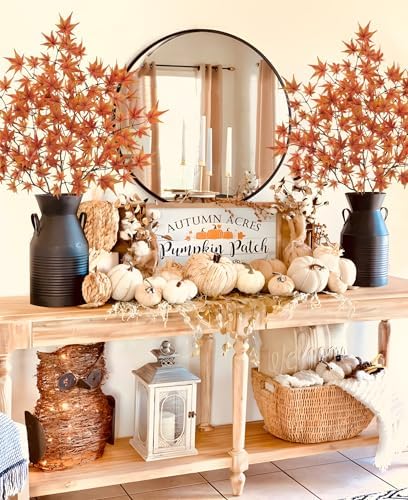 3 Pcs Artificial Maple Leaves Branches 23.6 Inch Fake Fall Maple Plants Autumn Leaf Bushes Faux Silk Foliage for Home Thanksgiving Centerpiece Farmhouse Fireplace Halloween Décor - Orange
