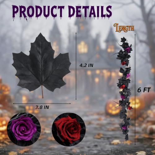 Mega-L Halloween Garland, 2 Pack Black Maple Leaf with Rose Halloween Decor