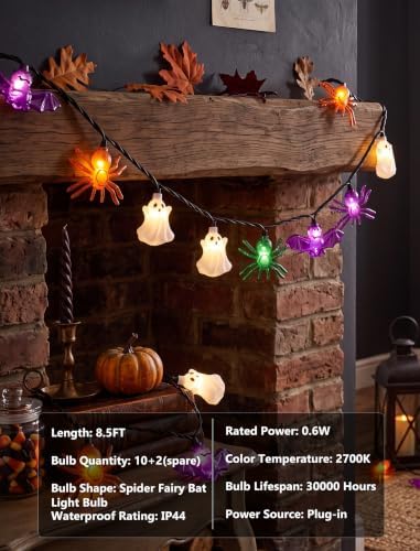 8.5FT 10 LED Halloween Spider Bat Ghost String Lights Outdoor, Plug in