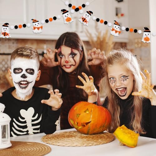 Whaline Halloween Felt Banner Cute 3D Ghost Hanging Garland Black Orange White Pom Ball Banner for Home Mantel Wall Window Decor Trick or Treat Party Supplies