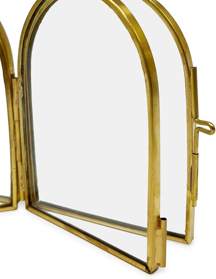 Double-Sided Arched Brass & Glass Metal Floating Picture Frame / 2 x 3 / Antique Gold