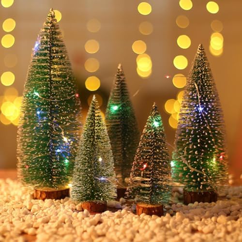 5PCS Small Christmas Trees, Bottle Brush Christmas Trees Mini Sisal Snow Frost Trees Pine Trees with Wood Base Tabletop Mini Christmas Village Tree for Holiday Decorations