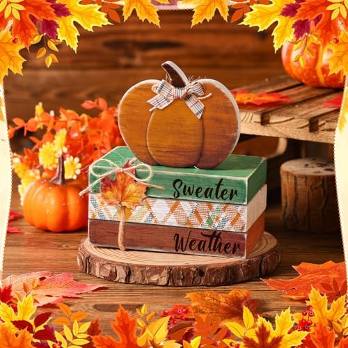 FairySandy 4 Pcs Fall Decor Thanksgiving Wooden Pumpkin Book Table Decor