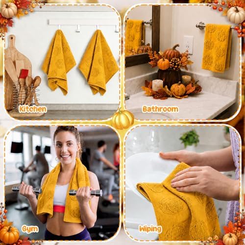 Mindsoft 2 Pcs Fall Hand Towels 3D Pumpkin Jacquard,Yellow