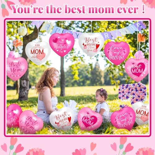 18 Pcs Happy Mother's Day Inflatable Heart Yard Decorations Large Mother's Day Heart Inflatable Hanging Ornament Giant PVC Outdoor Decoration for Mothers Day Garden Lawn Party