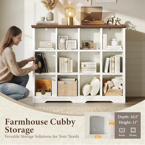 OffiGo 12 Cube Organizer Bookcase, Cube Shelf with Storage, Walnut + White