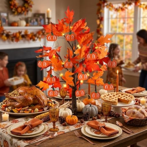 hogardeck Fall Decorations for Home, Thanksgiving Decorations, 24”2FT Lighted Maple Leaves Tree with 24 LEDs & 12 Wood