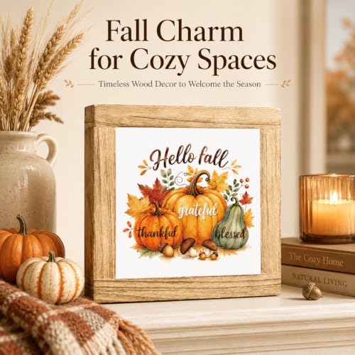 Fall Wood Sign, Hello Fall Grateful Thankful Blessed Pumpkin Tabletop Decor