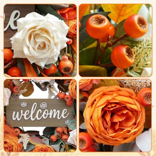 Fall Wreath for Front Door, 24 Inch Autumn Wreath with lamb's Ear Leaves, Roses, Berries & Wooden Sign,Fall Decorations for Home, Artificial Flowers Harvest and Thanksgiving Indoor & Outdoor