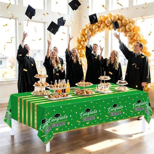 Childom 3 Pack Graduation Tablecloth,Graduation Decorations 2026 Graduation Party Decorations,54"x108" Green and Gold Graduation Decorations,Plastic Table Cloth Disposable Rectangle for Party Supplies