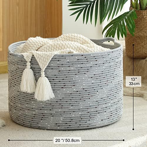 KAKAMAY Large Blanket Basket (20"x13"),Woven Baskets for storage Baby Laundry Hamper, Cotton Rope Blanket Basket for