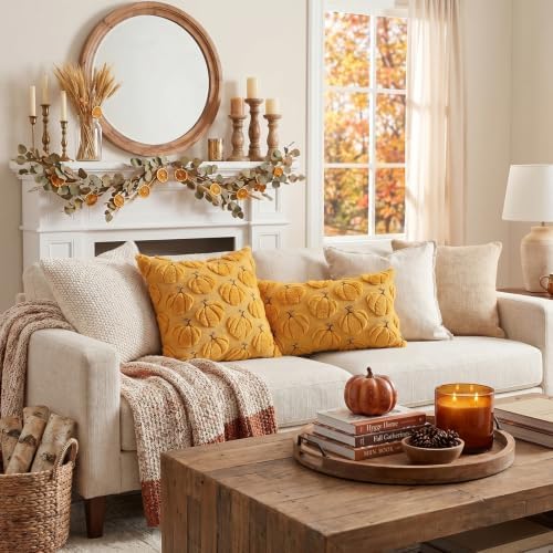 Artscope Pumpkin Fall Throw Pillow Covers 12x20 Set of 2, Autumn Soft Plush Faux Fur Decoration Cushion Covers for Thanksgiving Holiday Couch Sofa Bedroom Home Decor-Mustard Yellow