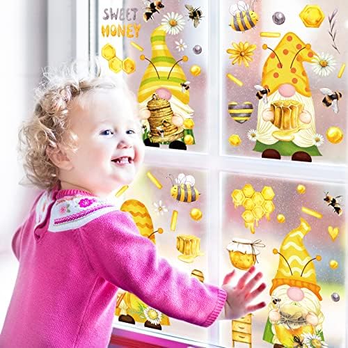 Whaline 9 Sheets Bee Gnome Window Clings Summer Floral Honeycomb PVC Window Stickers for Summer Home Room Classroom Decor Party Supplies