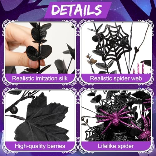 Giegxin 10 Pcs Halloween Floral Picks Halloween Decorations 19.5inch Black Artificial Flowers Branches Eucalyptus Stems Glitter Spiderweb Maple Leaf Stems for Home Indoor Party Vase Arrangement Decor