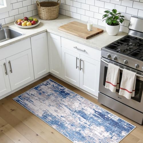 RELEANY Washable 2'x5' Abstract Area Rug for Living Room Blue Gray