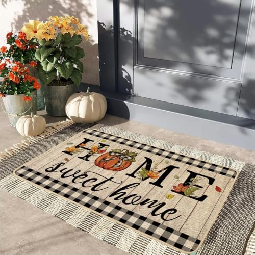 ORTIGIA Fall Pumpkin Doormat Home Sweet Home Indoor Outdoor Patio Autumn Welcome Door Mats Thanksgiving Non-Slip Durable Entrance Mat for Home Entrance Outside Entry Yard Floor Patio 17x36 INCH