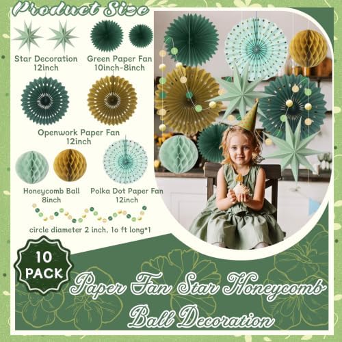 ADLKGG 10-Piece Sage Green Gold Party Decorations, Hanging Paper Fans